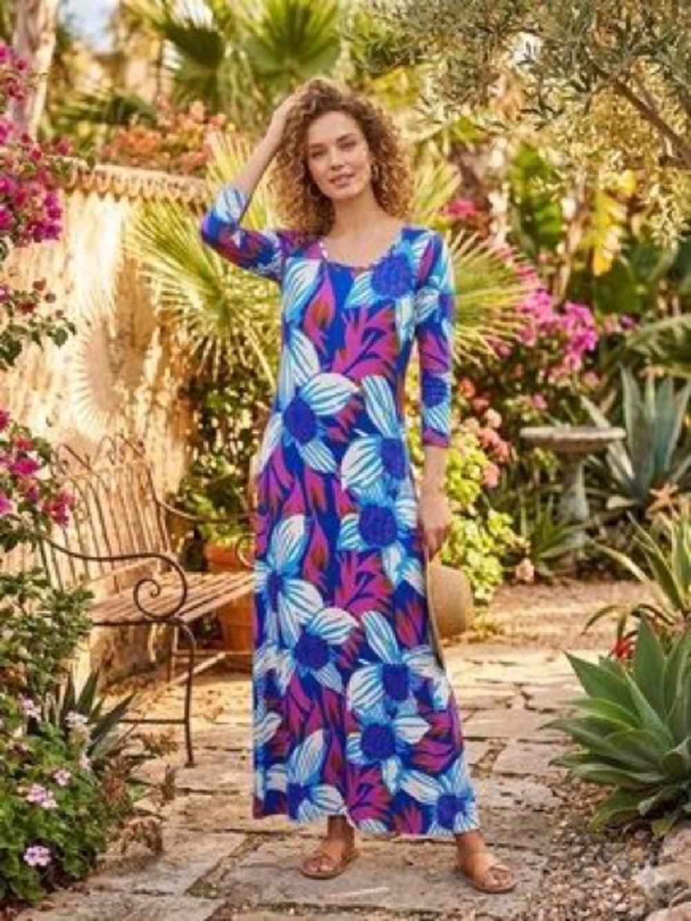 Soft Surroundings Serena Maxi Dress 
Blue Floral Boho Jersey Resort Wear Sz Lg